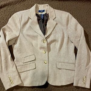 Chaps Petite Linen-Blend Herringbone Blazer – Beige Brown – Tailored Fit
